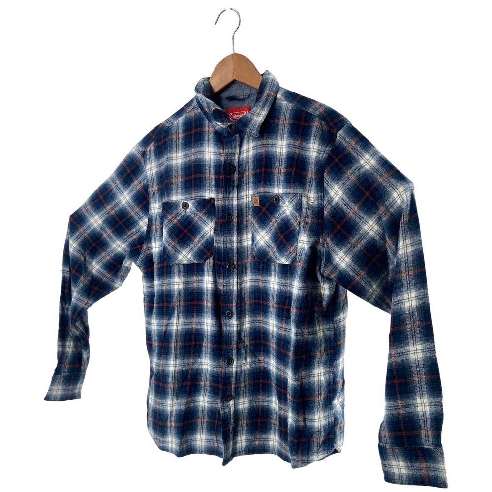Coleman Mens Plaid Flannel Long Sleeve Button Up Shirt Blue Red White Size L